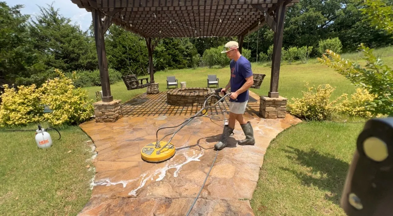 Pressure washing an outdoor path